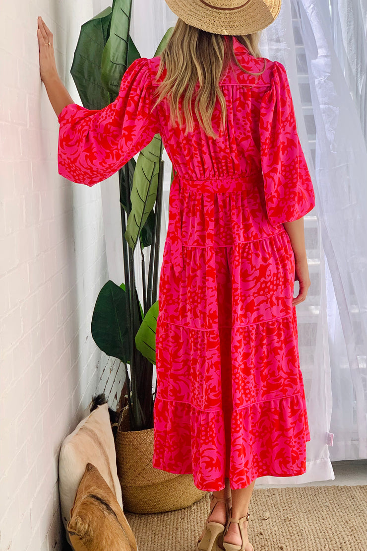 Amaya Long Sleeve Maxi Dress in Red and Pink