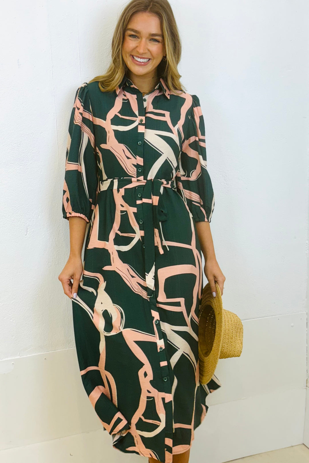 Marlow Midi Shirt Dress in Green and Pink Print