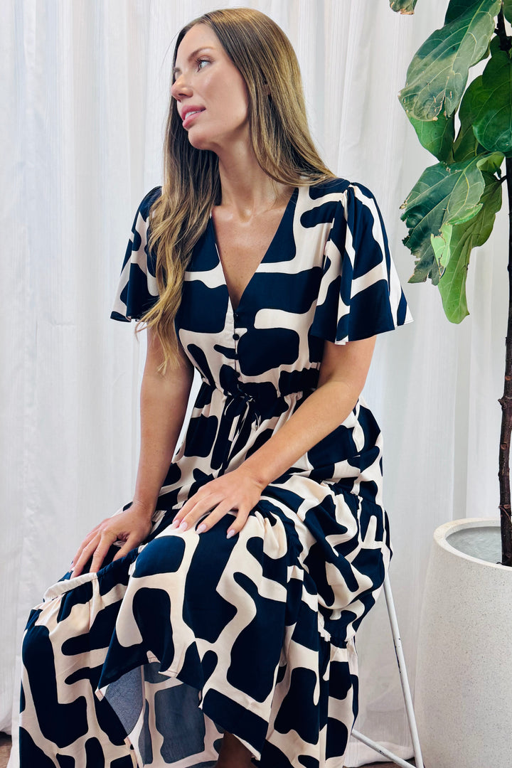 Santorini In Nude and Navy Print