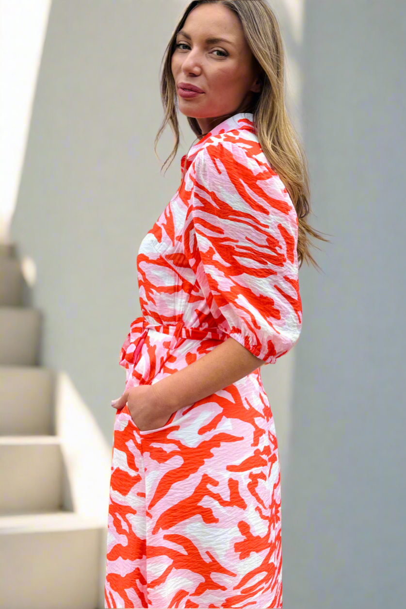 Fallon Orange, Pink and White  Print Midi Shirt Dress