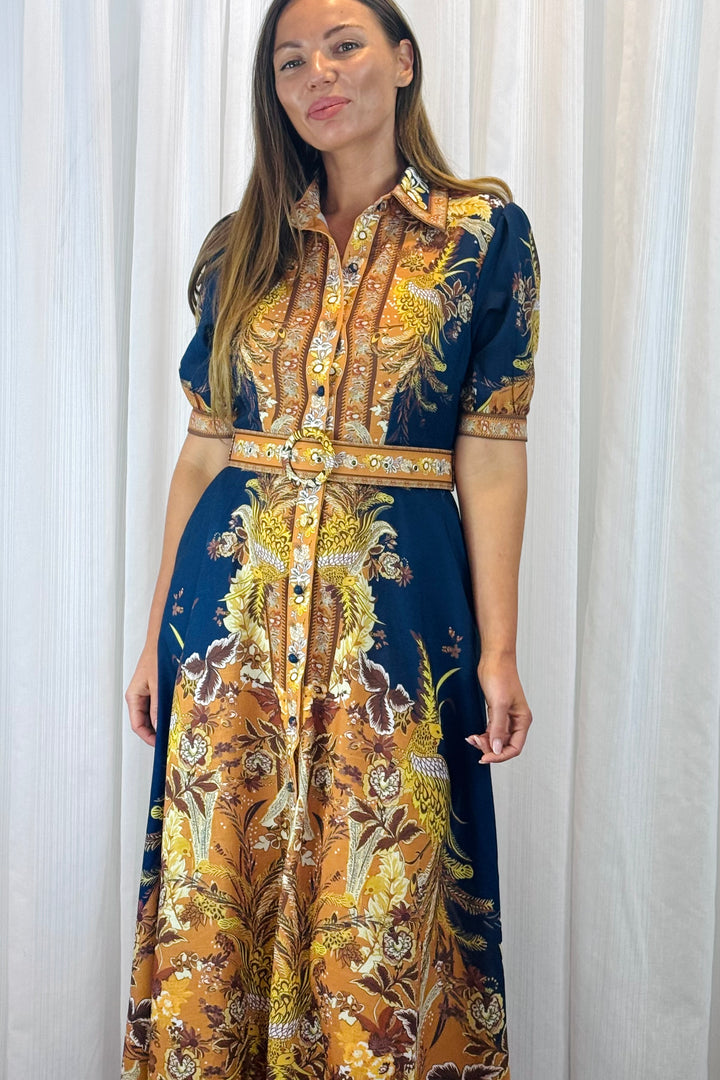 Marilyn Embroidered Print Maxi Dress in Navy.