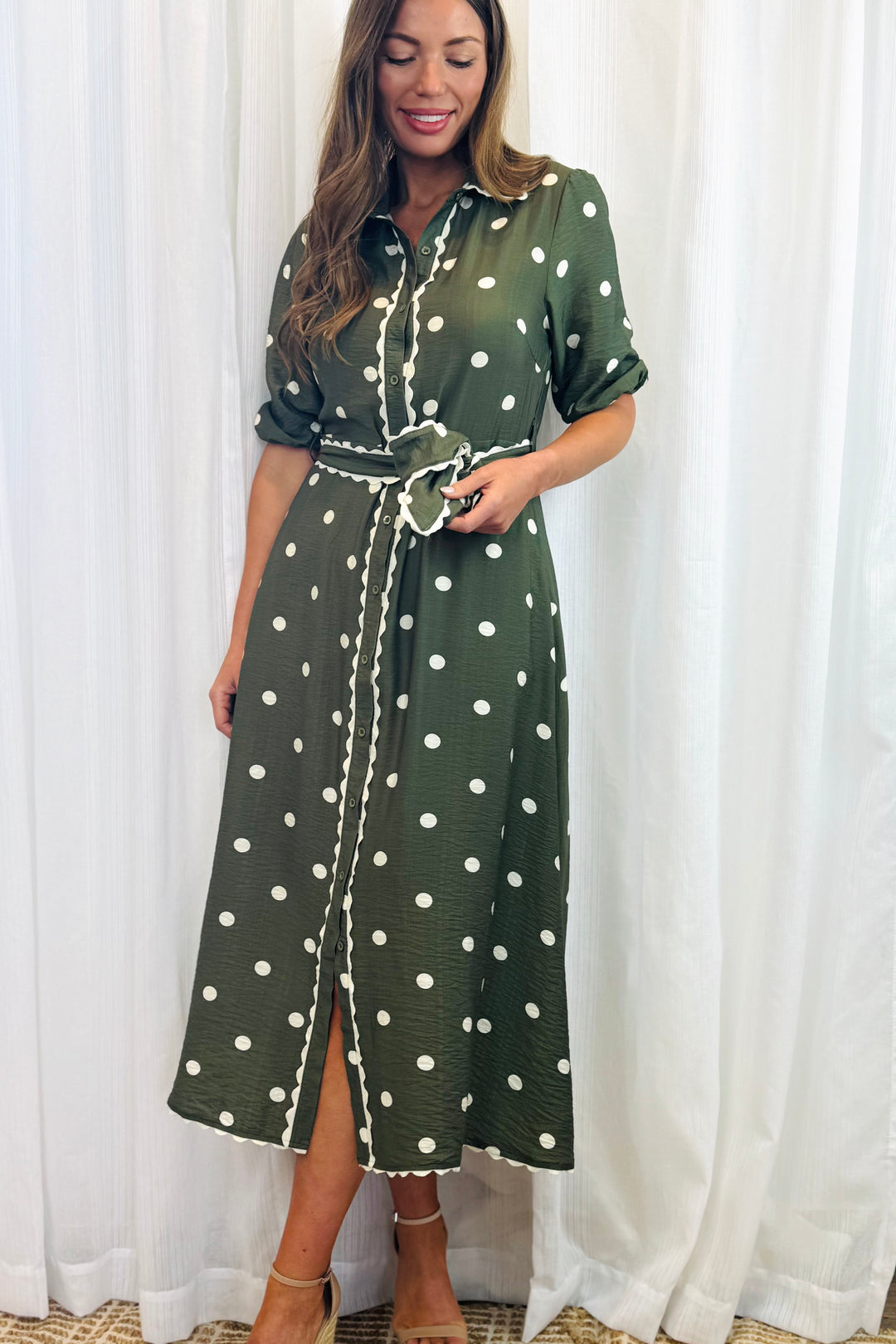 Shyla Polka Dot Dress in Khaki