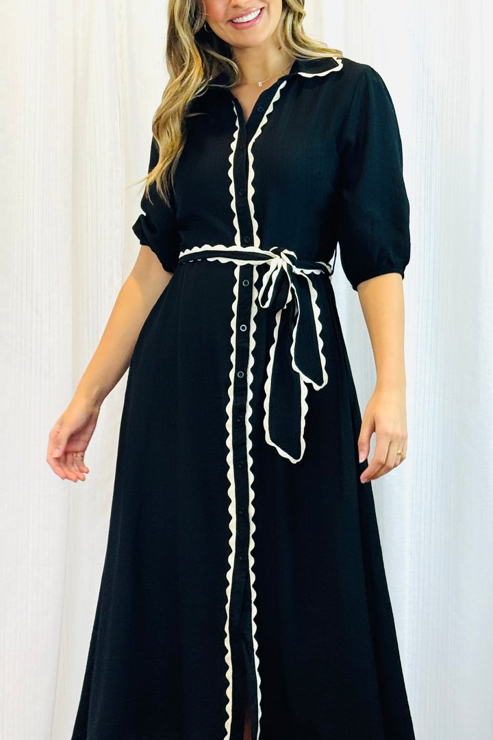 Shyla Shirt Dress in Black With White Trim