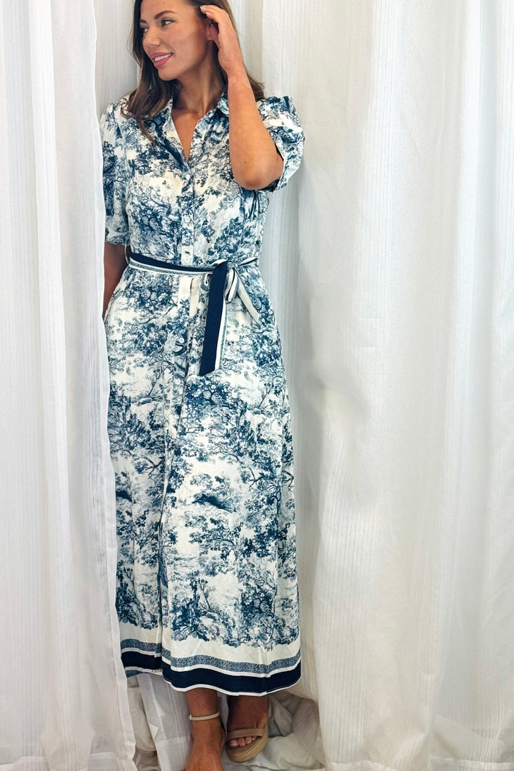 April Blue and Off White Multi Print Short Sleeve Dress