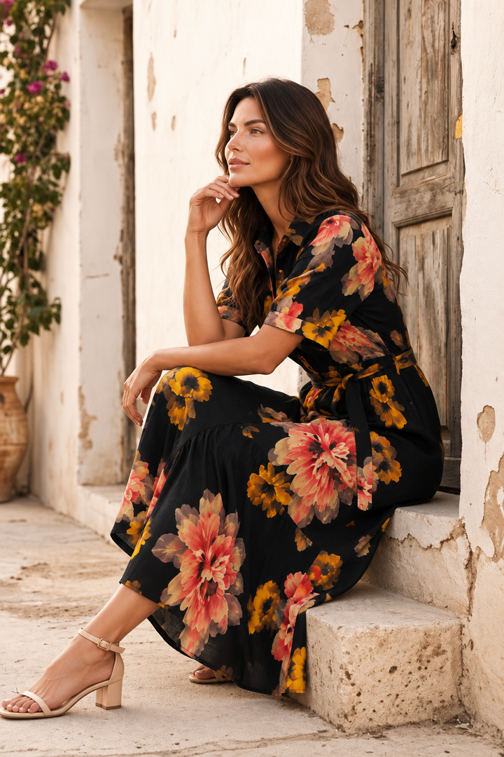 Valencia Black Floral Shirt Dress