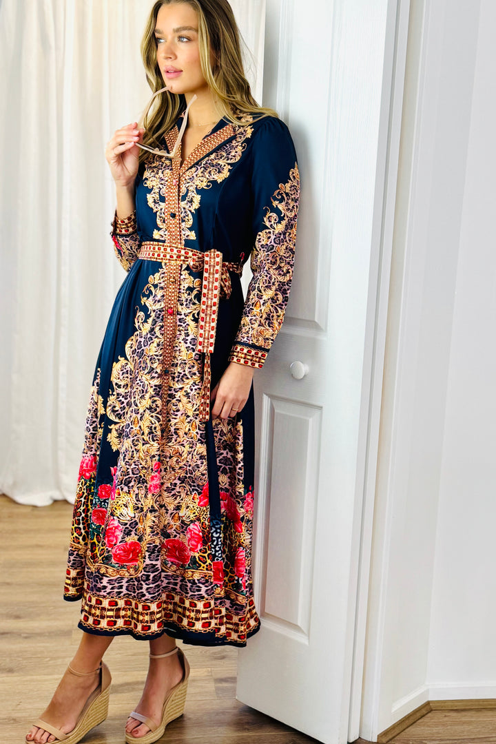 Catalina Navy Embroidered Print Maxi Dress