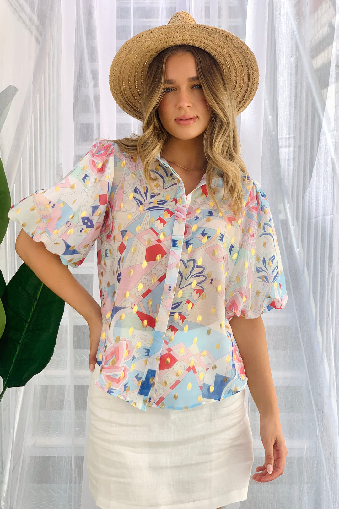 Lucy Short Sleeve Top in  Ice Blue and Pink Print