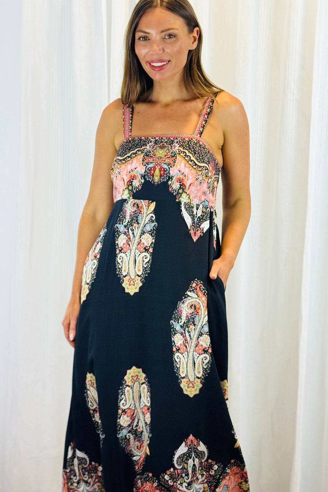 Positano Maxi in Black With Embroidery Multi Print