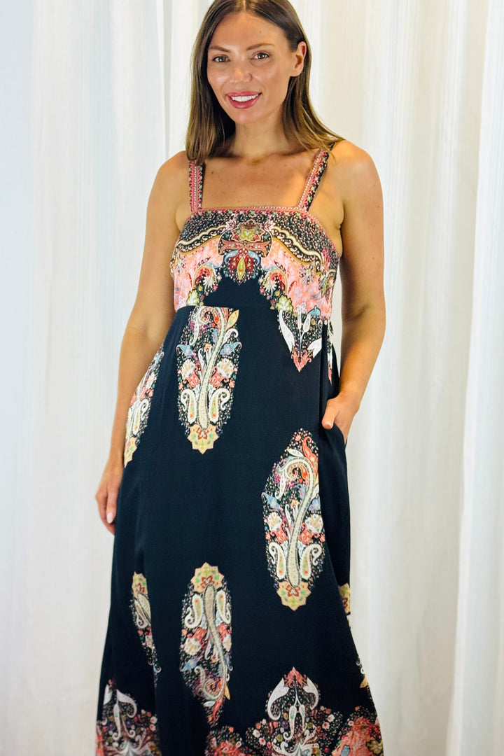 Positano Maxi in Black With Embroidery Multi Print