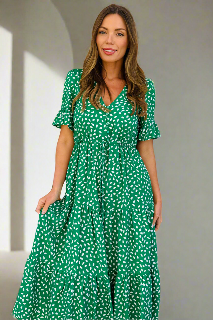 Jeannie Midi Dress  in Apple Green and White- Restocked