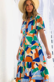 Alana Short Sleeve Midi  Dress in Multi Colour Print