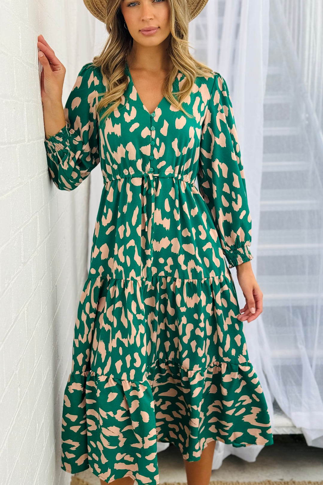 Molli Midi Drawstring Dress in Green Animal Print