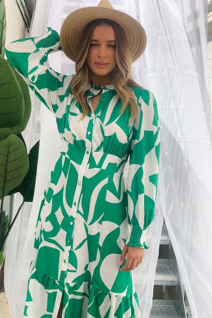 Paige Midi Dress in Green and White Print