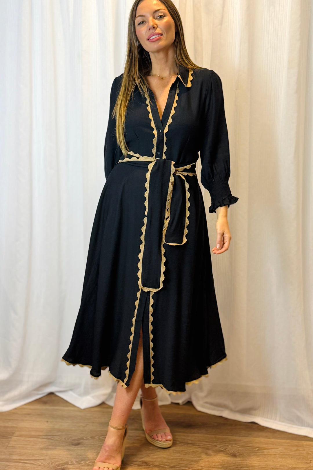 Shyla Midi Dress In Black With Tan Detail