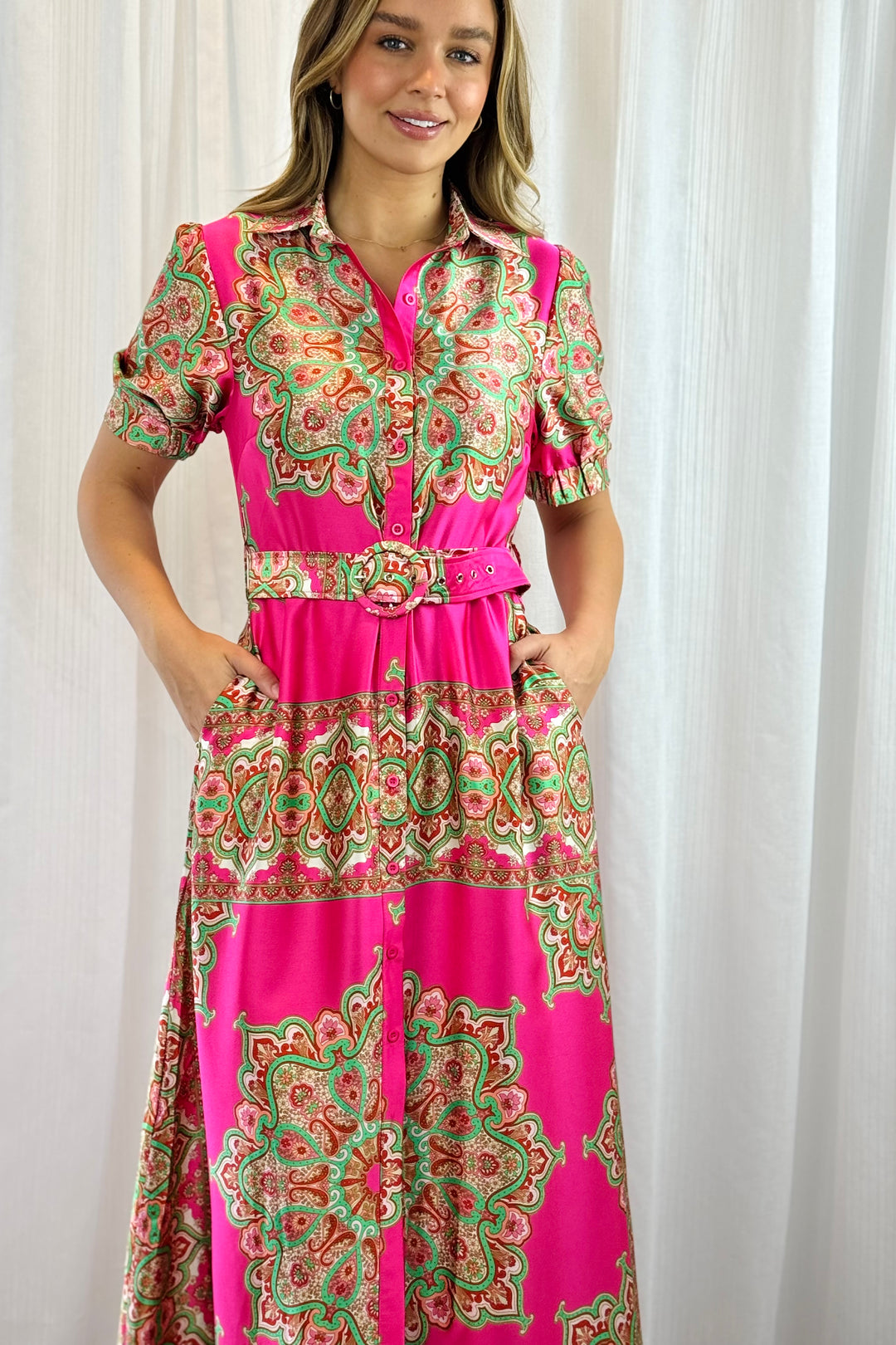 Angelina Hot Pink Embroidered Print Dress
