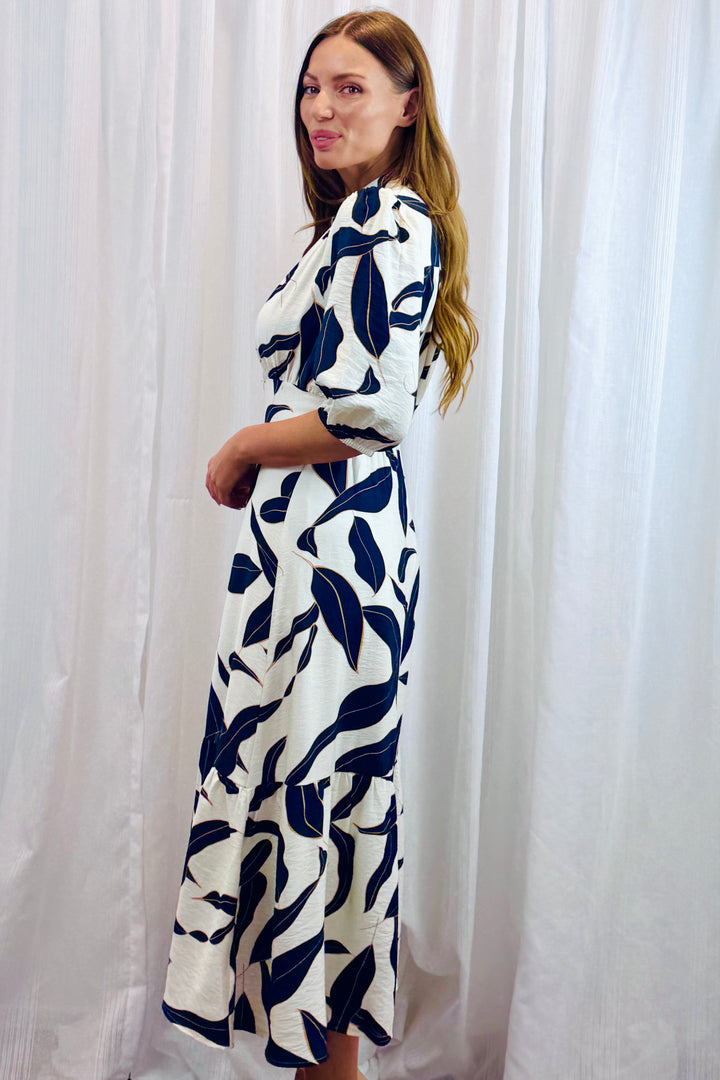 Ivy Dress in Navy and Off White  Multi Print