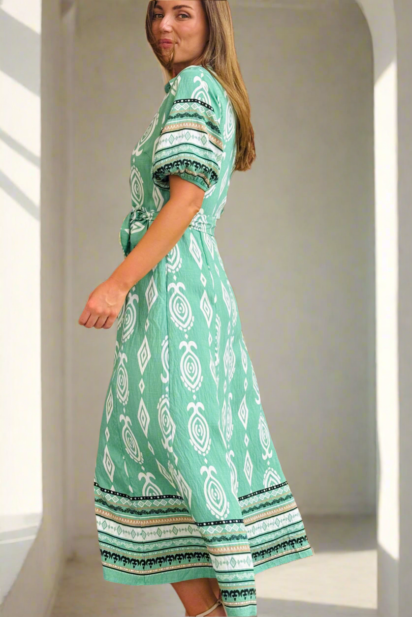 Erica Shirt Dress in Green  Batik Print