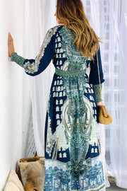 Eden Long Sleeve Navy Print Midi Dress with Beading