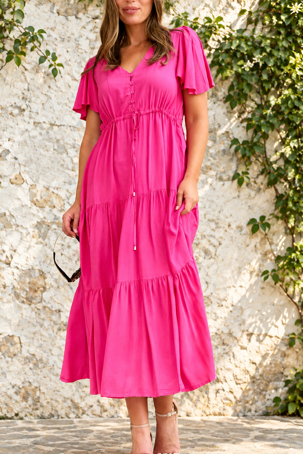 Santorini Midi Drawstring Dress in Pink