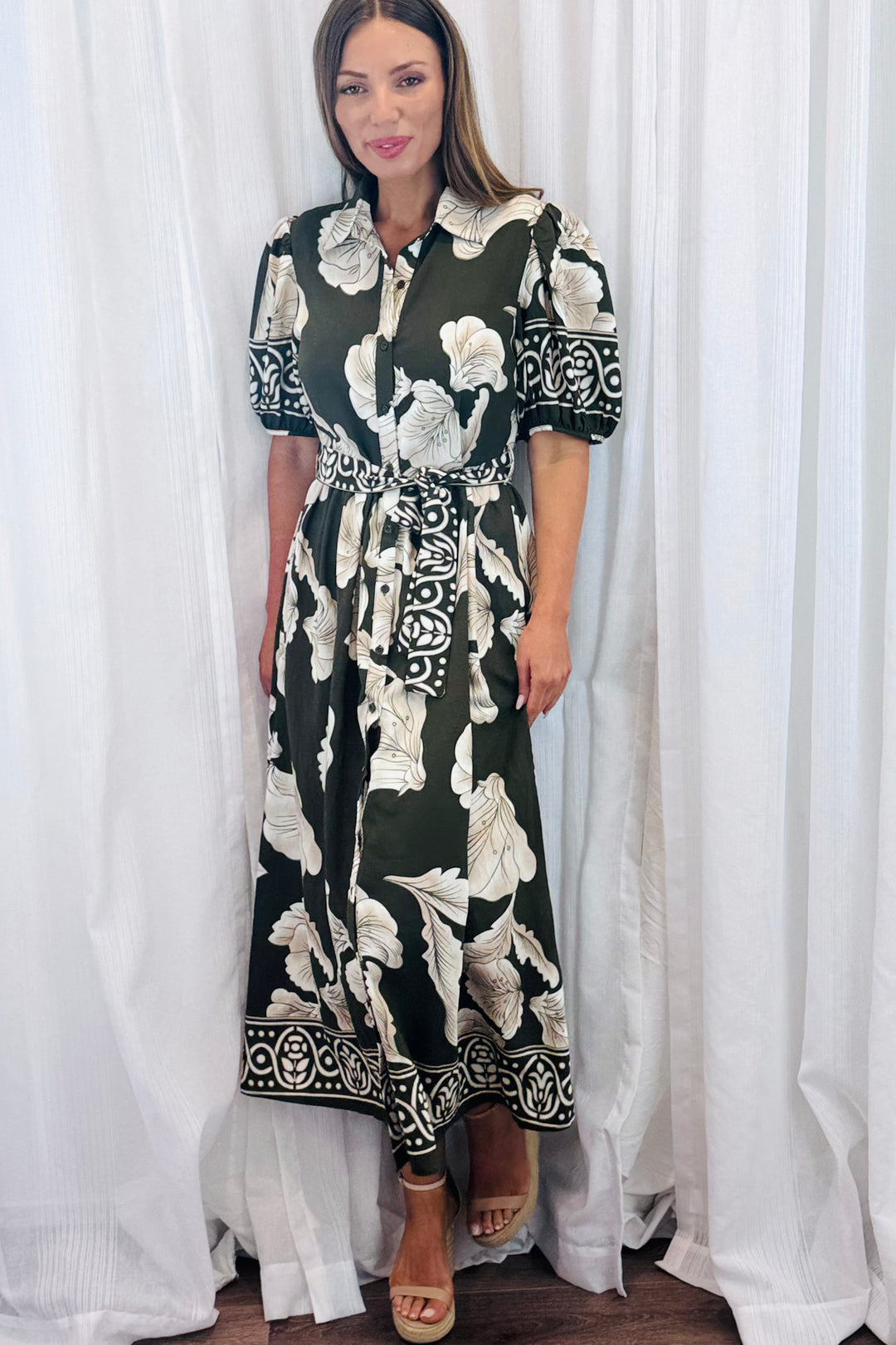 Pamela Multi Print Dress in Khaki