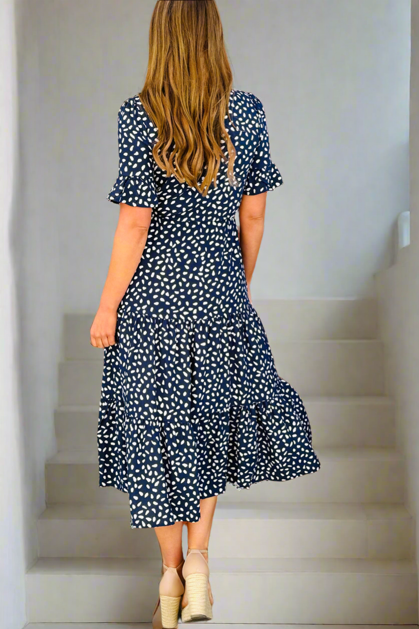 Jeannie Midi Dress in Navy and White Spot