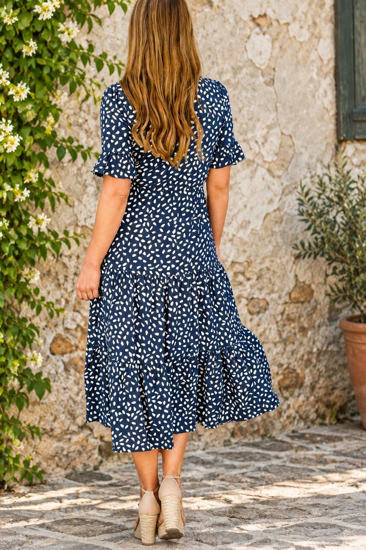 Jeannie Midi Dress in Navy and White Spot