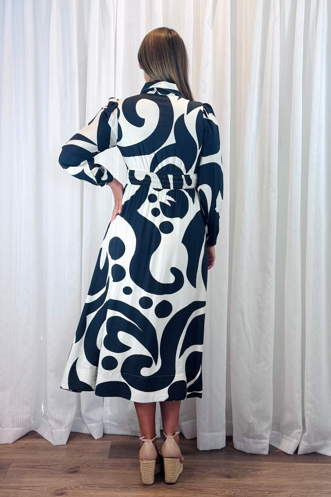 Tonia Shirt Dress in Black and Off White Multi Print