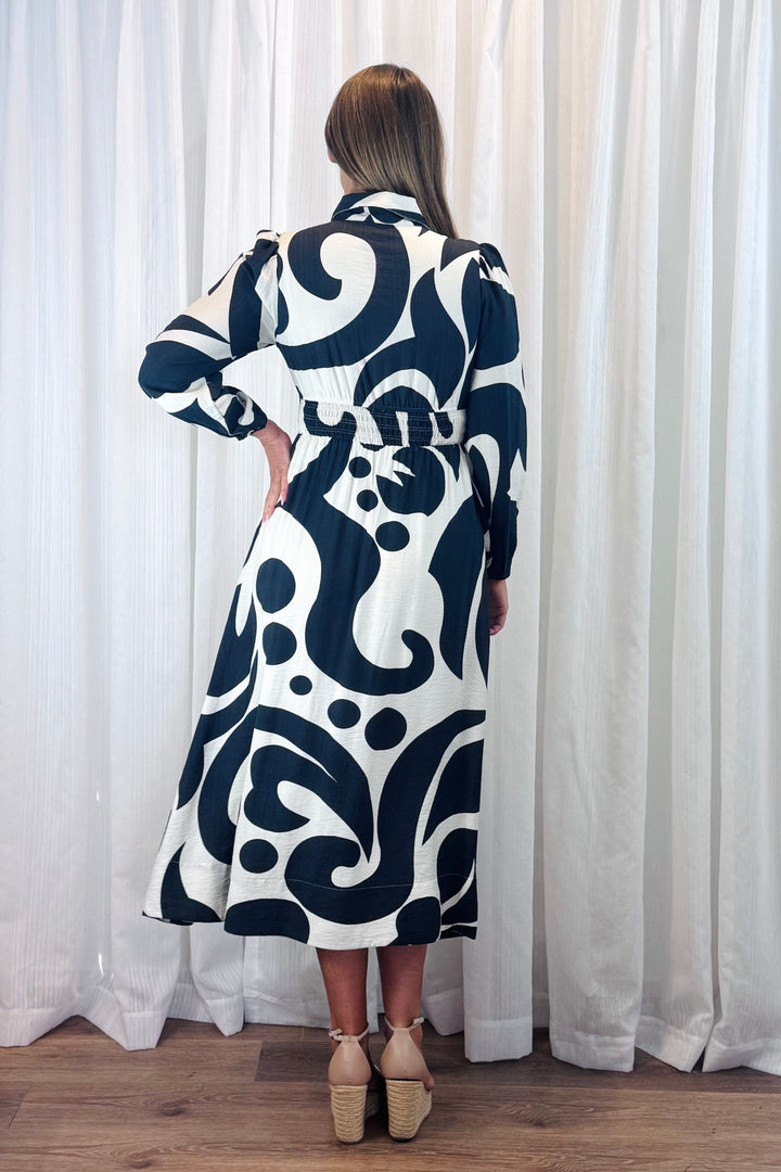 Tonia Shirt Dress in Black and Off White Multi Print