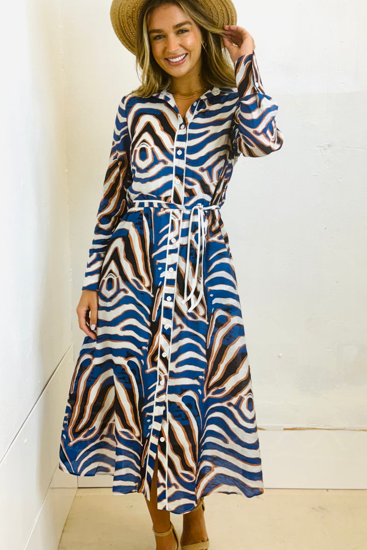 Allumbra Tiger Shirt Dress in Blue Print