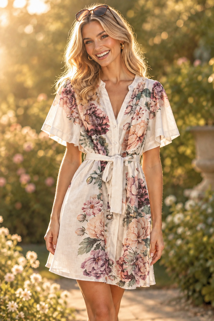 Valentina Off White Floral Print Dress