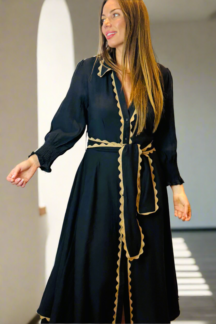 Shyla Midi Dress In Black With Tan Detail
