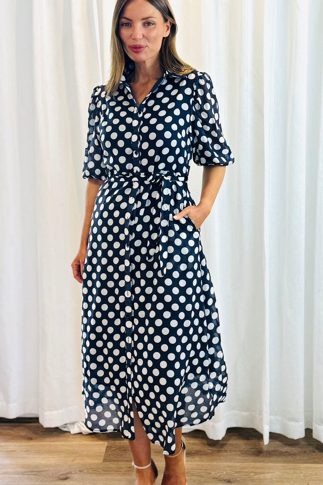 Fallon Shirt Dress In Navy and White Polka Dot-New Print