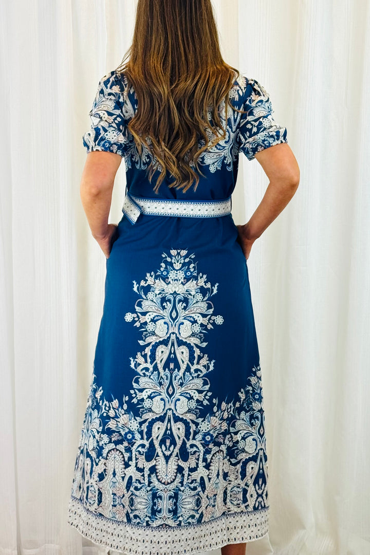 Lopez Embroidered Print Shirt Dress  In Navy