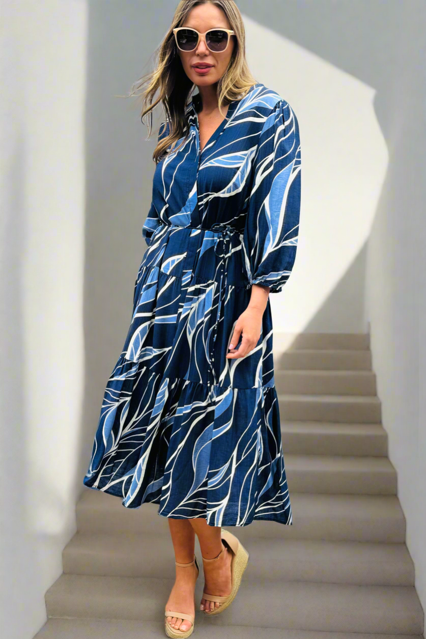 Vivienne Midi Dress  In Navy Print