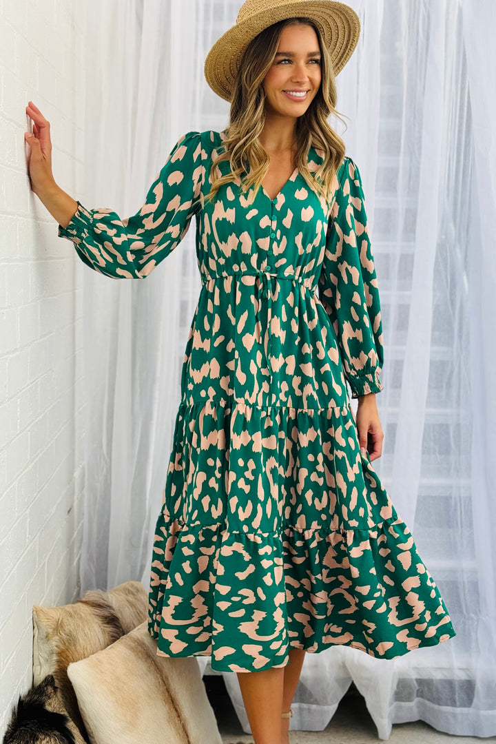 Molli Midi Drawstring Dress in Green Animal Print