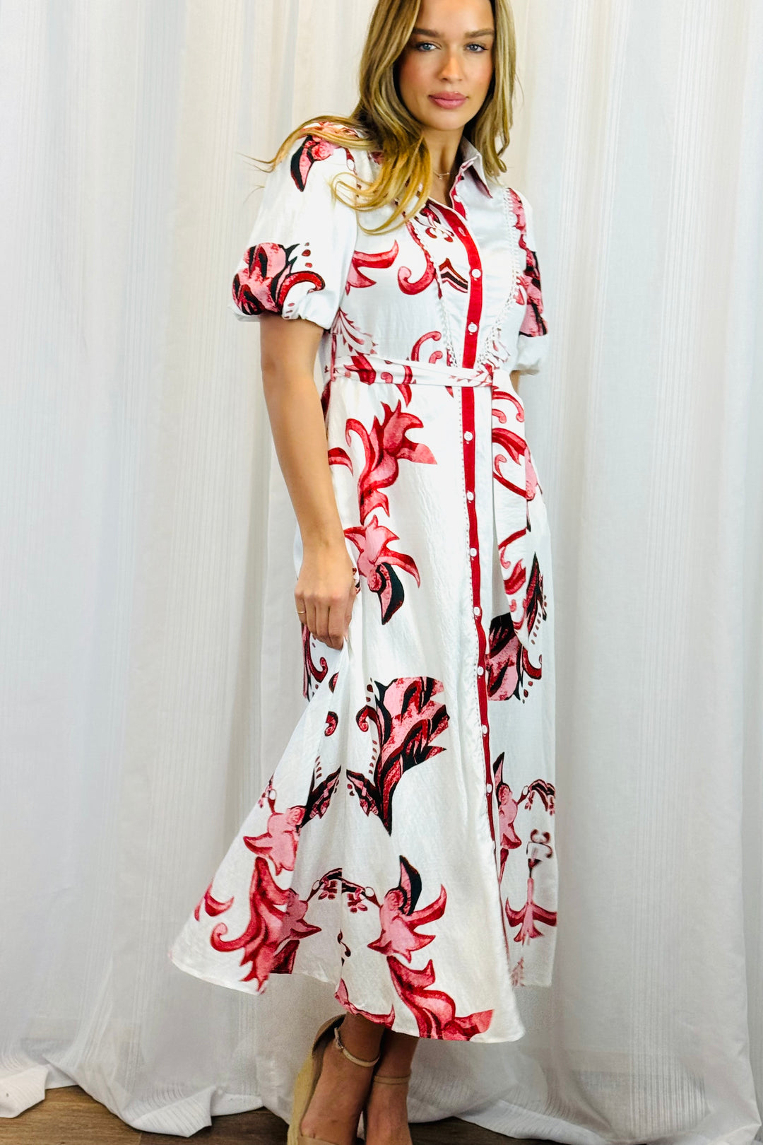 Morgan Floral Shirt Dress in Red and Pink