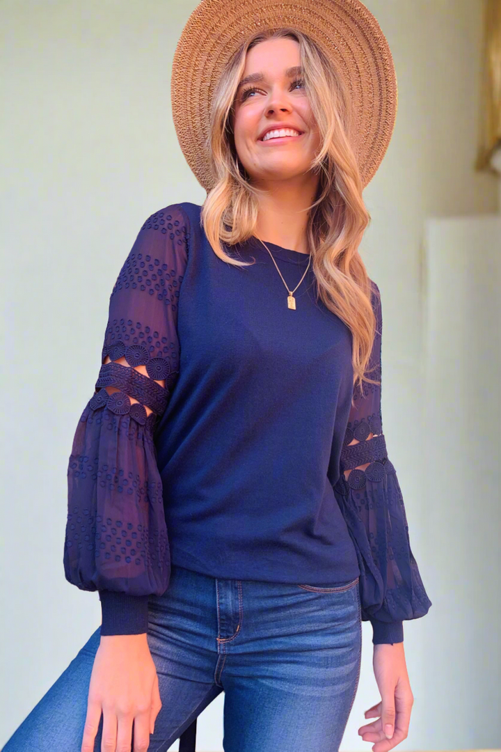 Molli Knit Top Detailed Sleeve  in Navy