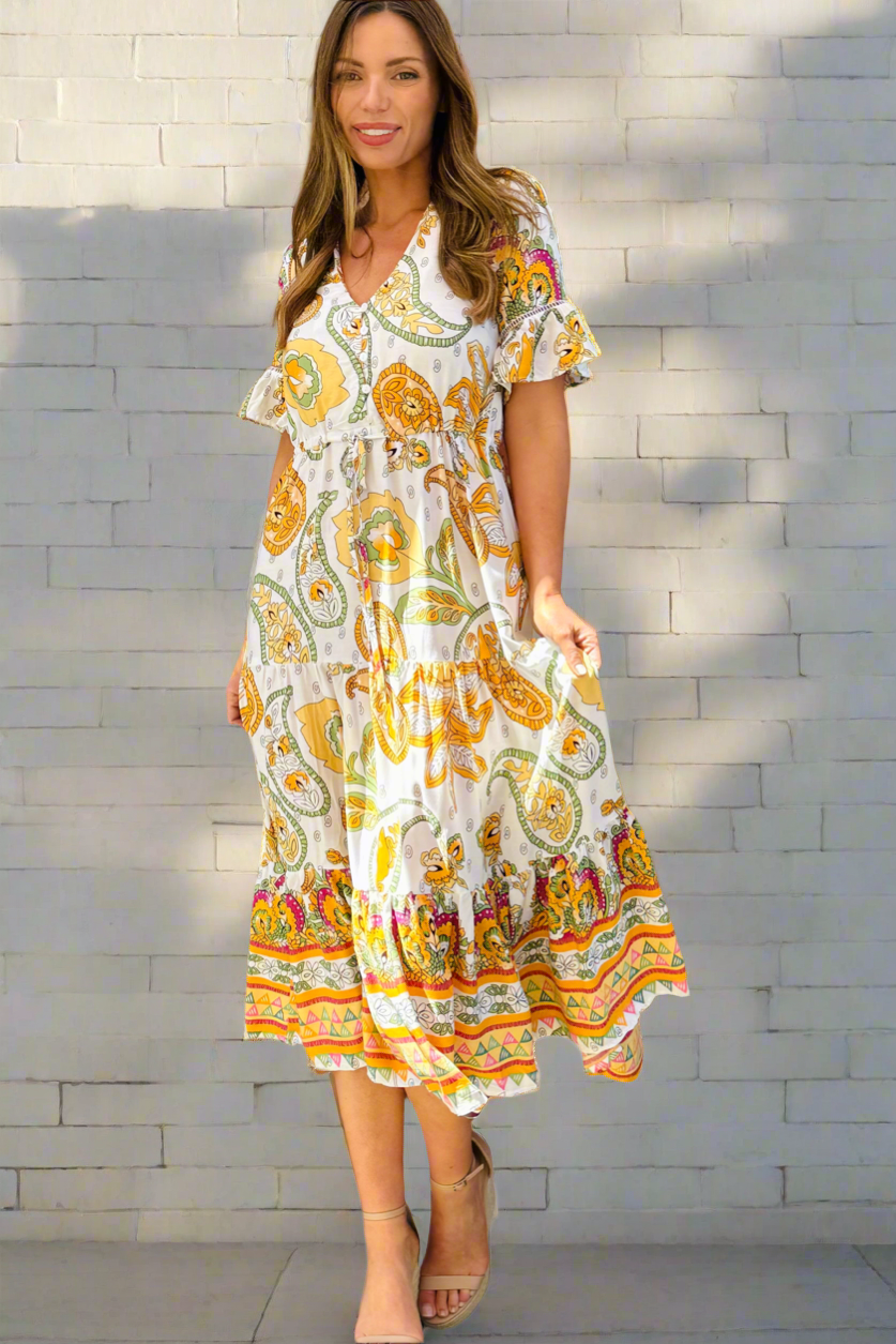 Loretta White Multi Print Midi