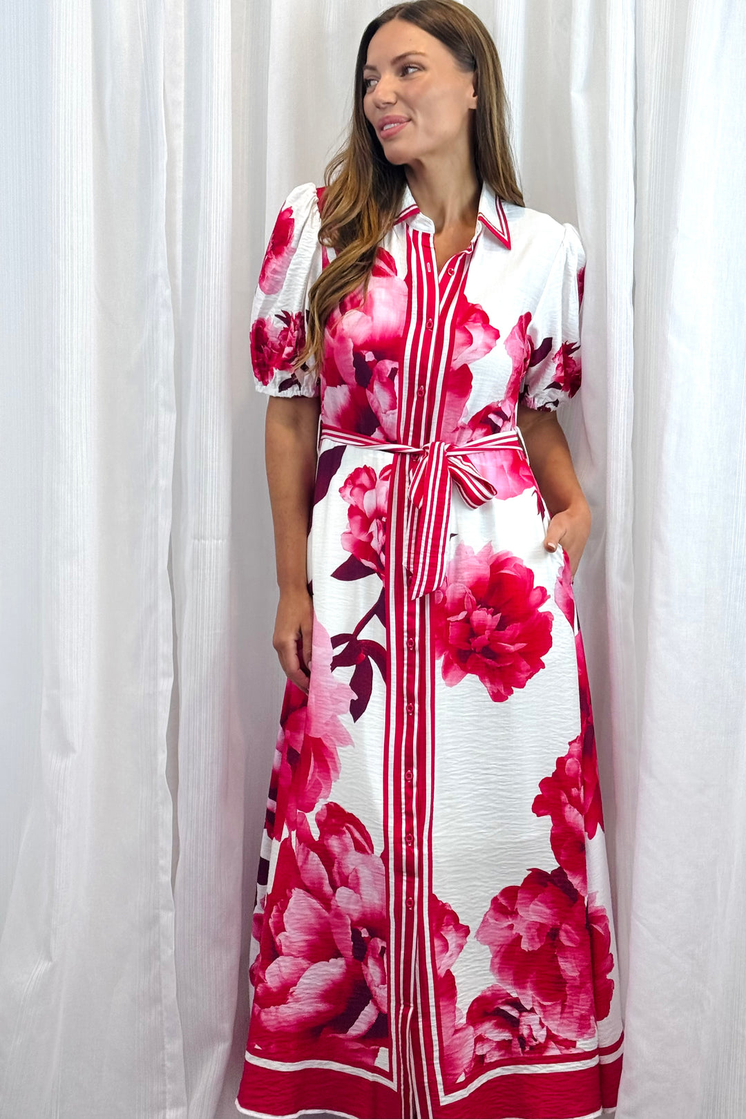 Natalia Maxi Dress in White Red and Pink Print