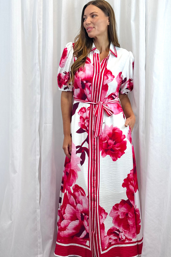 Natalia Maxi Dress in White Red and Pink Print