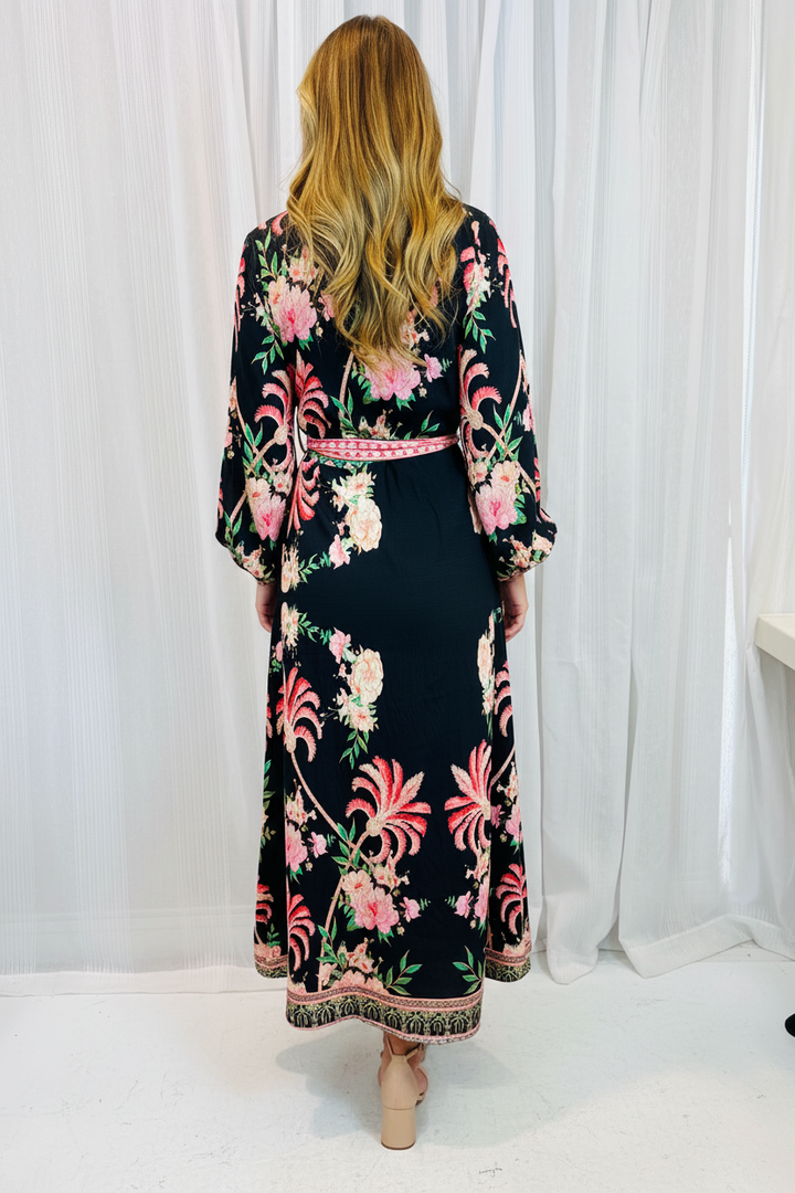 Maddison Palm Print Dress in Black Long Sleeve