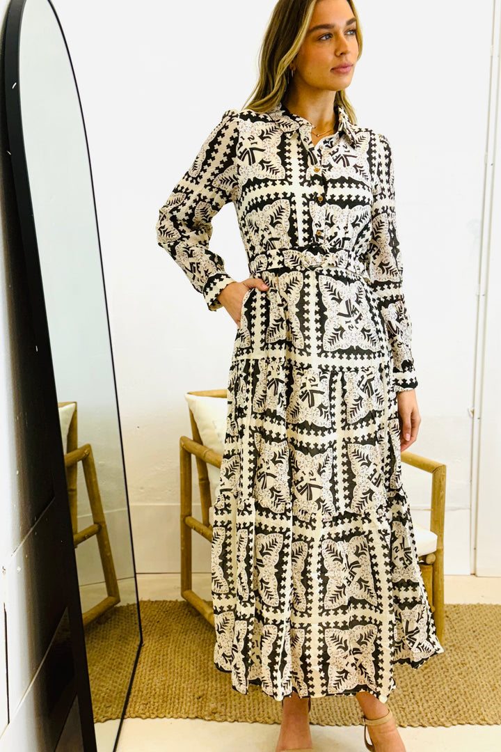 Amaya Long Sleeve Maxi Dress in Black and Cream Print