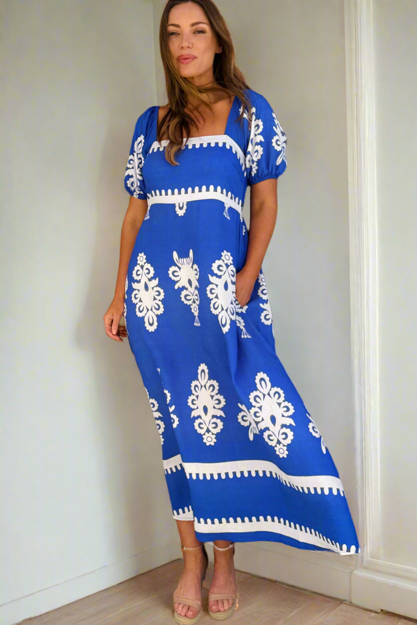 Bonnie Maxi Dress in Blue With White Print