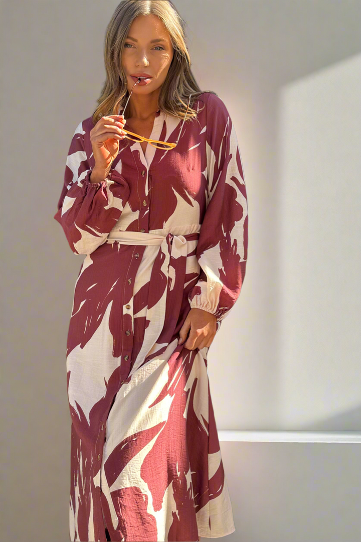 Ayana Cream and Claret Print Shirt Dress