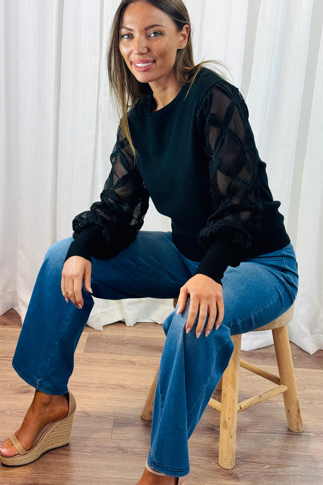 Milani Lace Knit Top in Black