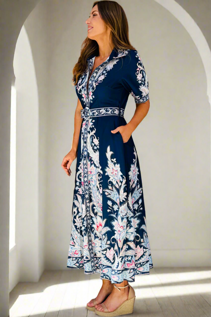 Monica Embroidered Print Dress in Navy