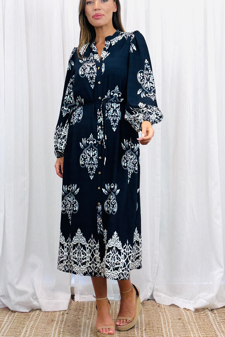 Mina Black Multi Print Dress With Off White Print