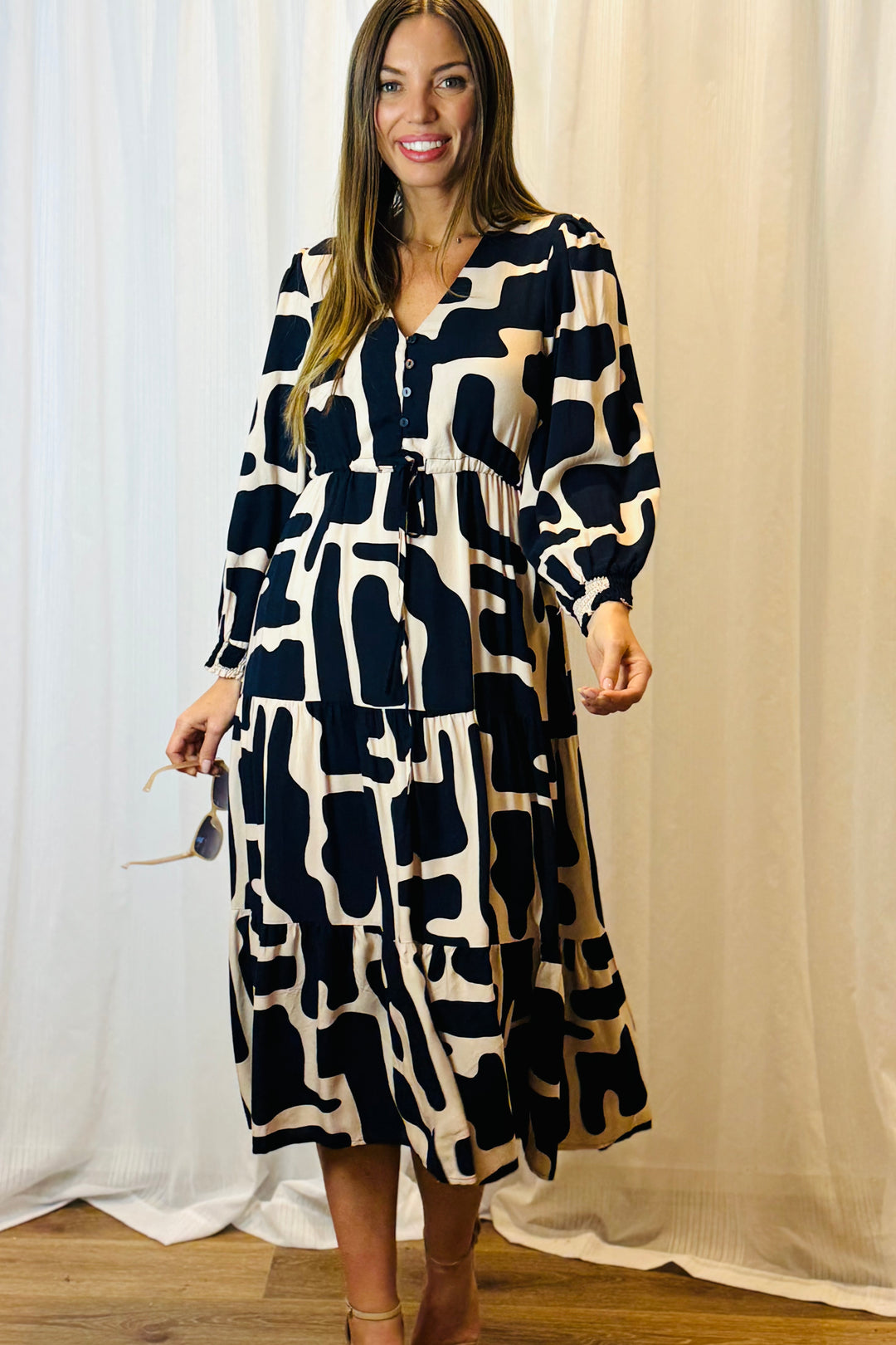 Santorini in Nude and Navy Long Sleeve Dress