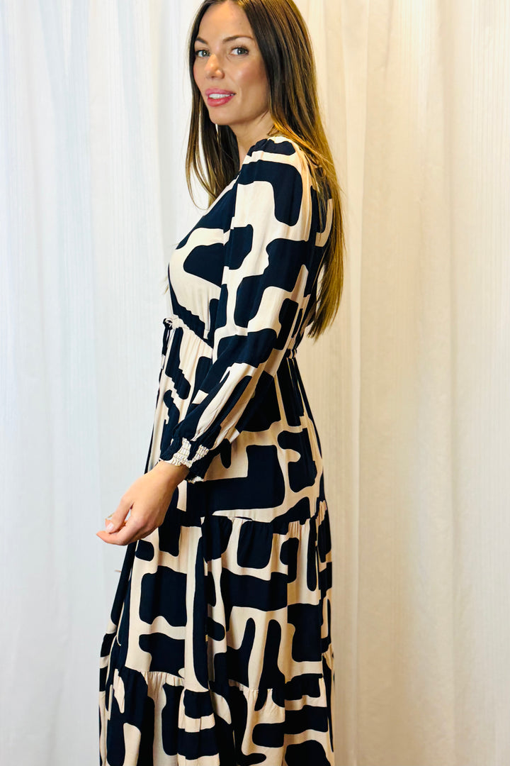 Santorini in Nude and Navy Long Sleeve Dress