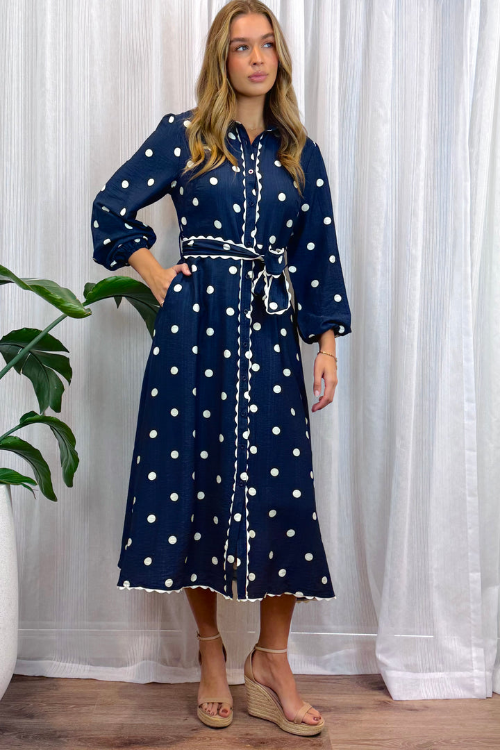 Shyla Polka Dot Long Sleeve in Navy